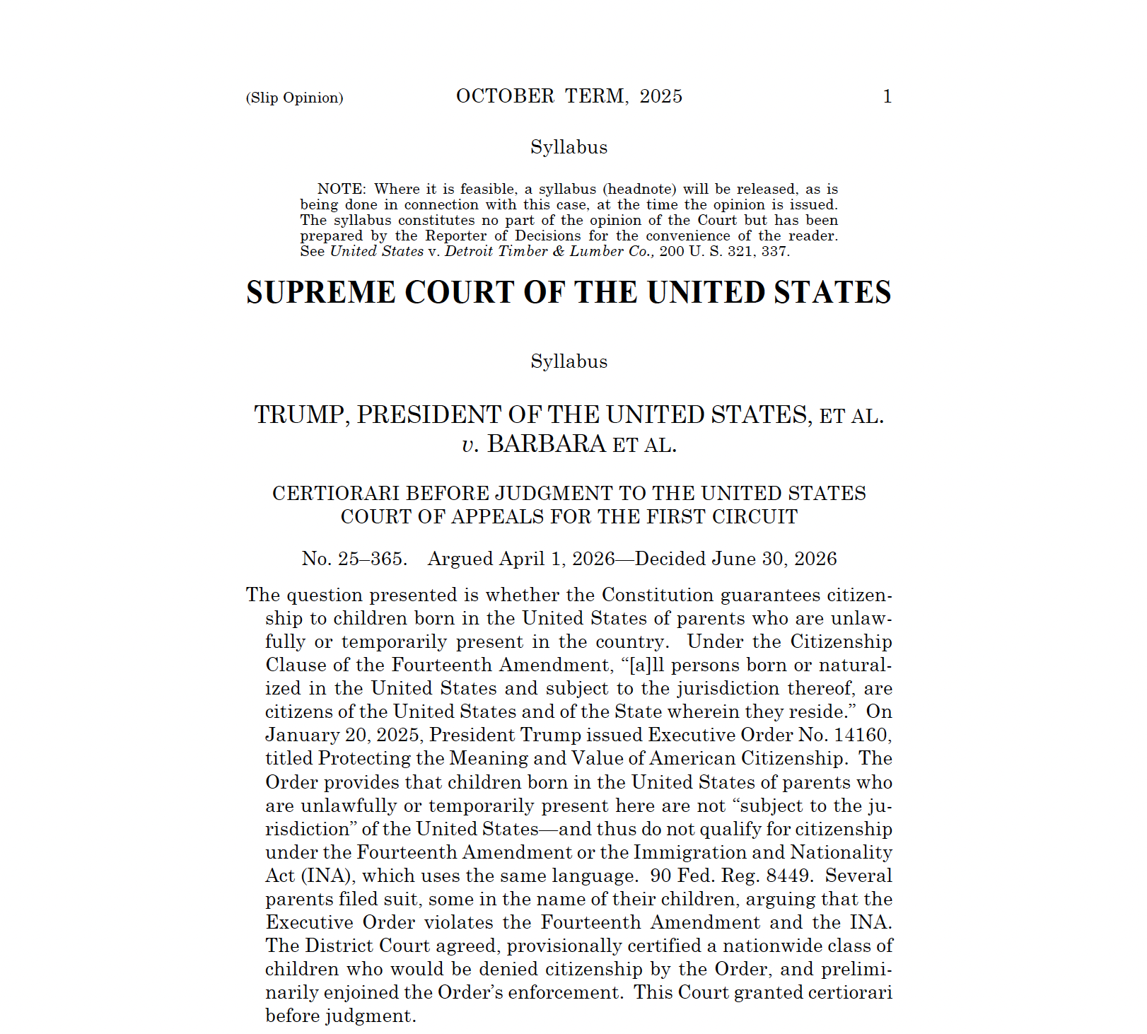 U. S. Supreme Court Rejects Trump’s Bid to Curtail Birthright Citizenship
